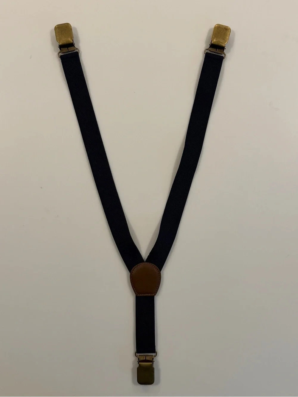 Boys Navy Elastic Suspenders with Brown Leather Accent